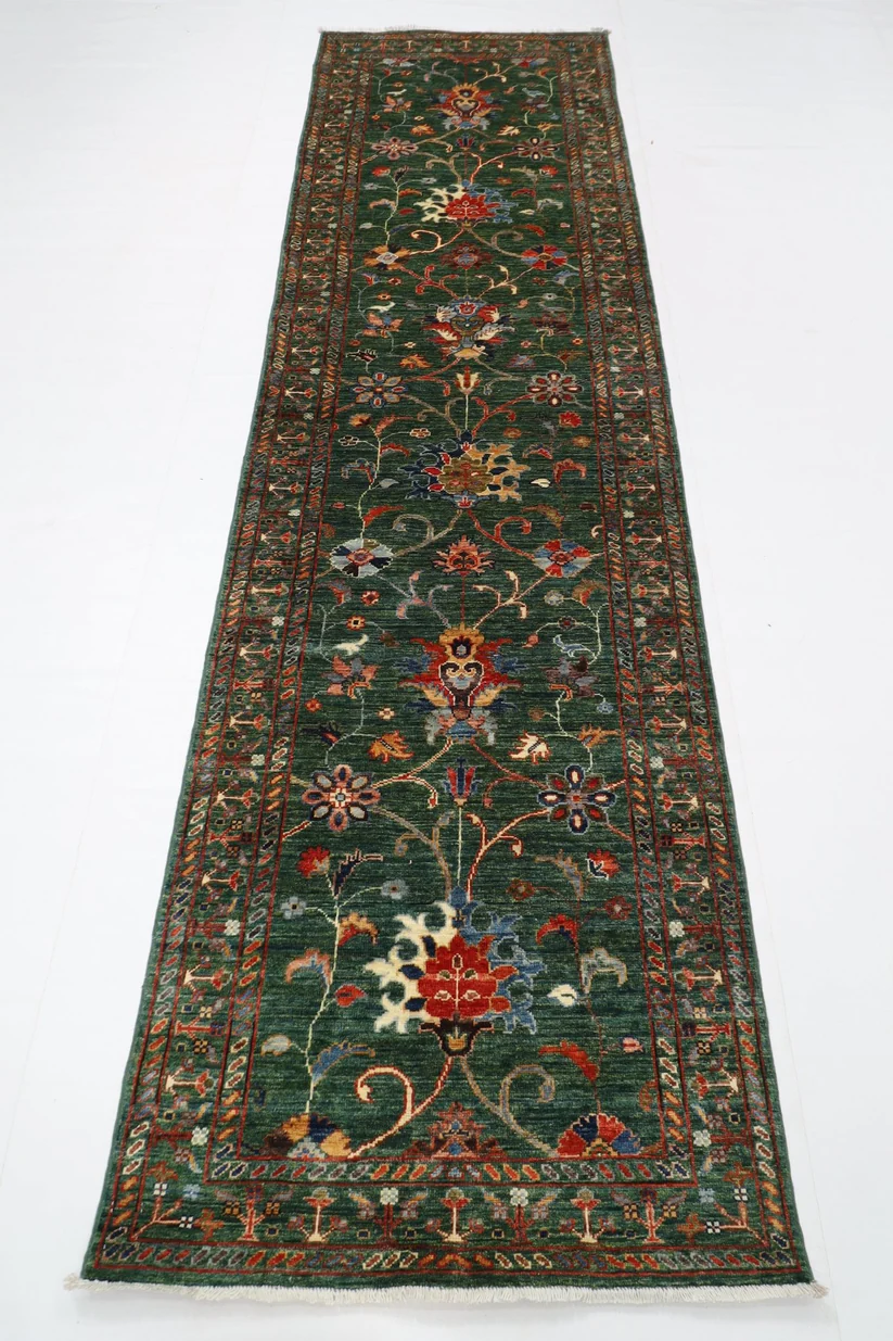 83-x-295-cm-tribal-green-runner-rug-afghan-hand-knotted-veg-dye-wool-carpet-1305346 Runner Rug - Image 1